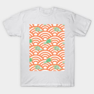 Green fishes in orange seigaiha waves T-Shirt